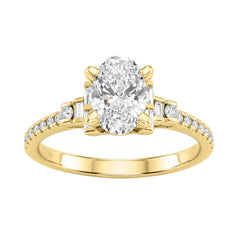 14K Yellow Gold Lab Grown Emerald Cut Diamond Ladies Engagement Ring 1 1/4Ct With Round &amp; Baguette Side Stones 1Ct Oval Center Stone (Color F-G -C