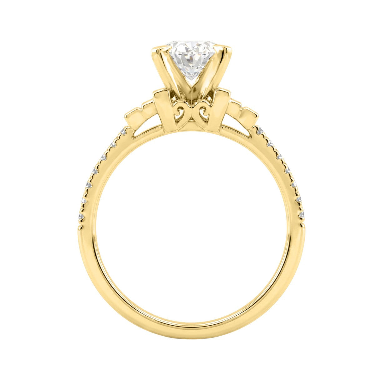 14K Yellow Gold Lab Grown Emerald Cut Diamond Ladies Engagement Ring 1 1/4Ct With Round &amp; Baguette Side Stones 1Ct Oval Center Stone (Color F-G -Clarity Vs1/Vs2)