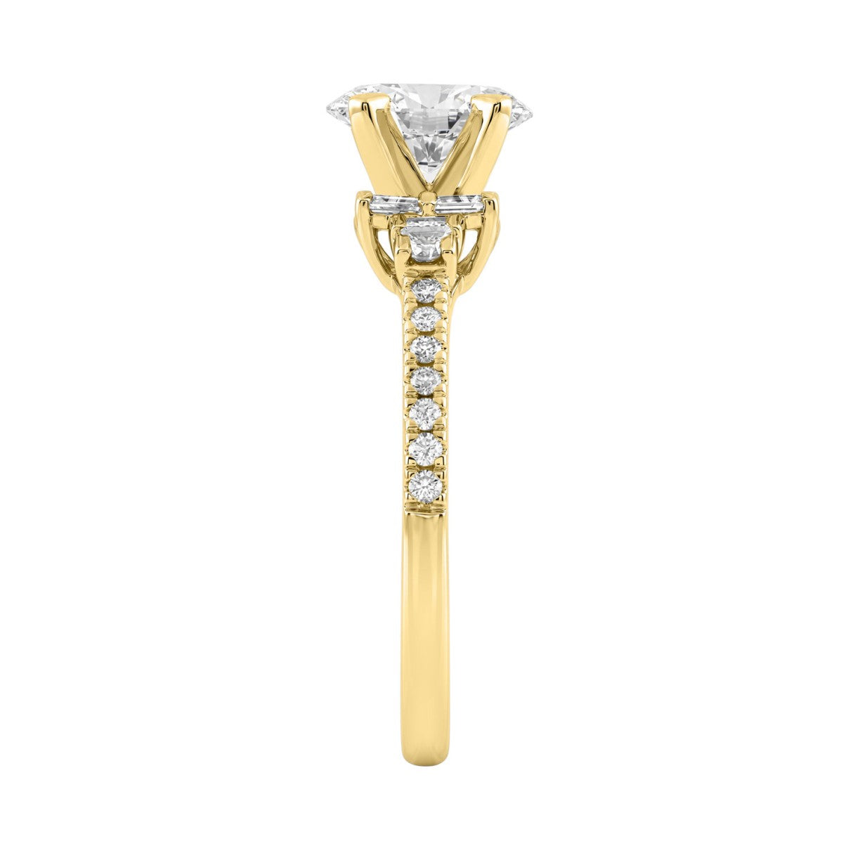 14K Yellow Gold Lab Grown Emerald Cut Diamond Ladies Engagement Ring 1 1/4Ct With Round &amp; Baguette Side Stones 1Ct Oval Center Stone (Color F-G -C