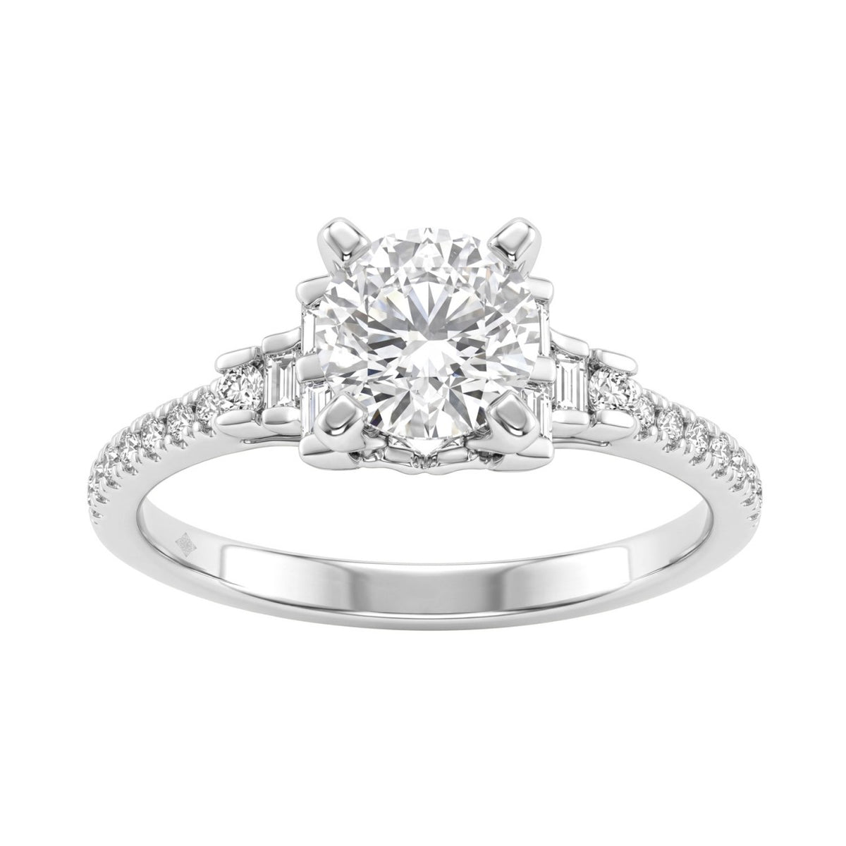 Round Diamond Engagement Ring 1 1/4Ct 14K White Gold Ring With Round &amp; Baguette Accent Diamonds For Women 1Ct Round Center Stone (Color F-G -Clarity Vs1/Vs2)