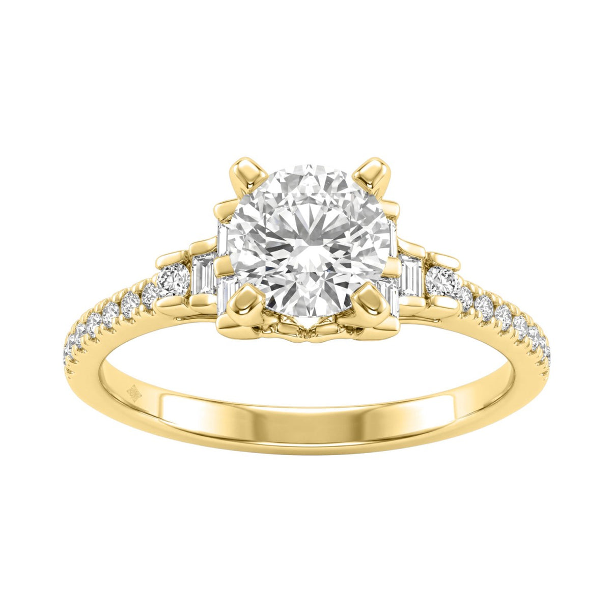 Round Diamond Engagement Ring 1 1/4Ct 14K Yellow Gold Ring With Round &amp; Baguette Accent Diamonds For Women 1Ct Round Center Stone (Color F-G -Clarity Vs1/Vs2)