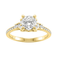 Round Diamond Engagement Ring 1 1/4Ct 14K Yellow Gold Ring With Round &amp; Baguette Accent Diamonds For Women 1Ct Round Center Stone (Color F-G -Clarity Vs1/Vs2)