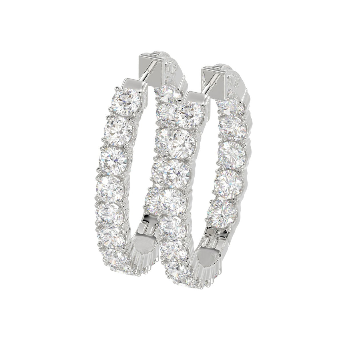 LADIES HOOP EARRINGS 7CT ROUND DIAMOND 14K WHITE GOLD