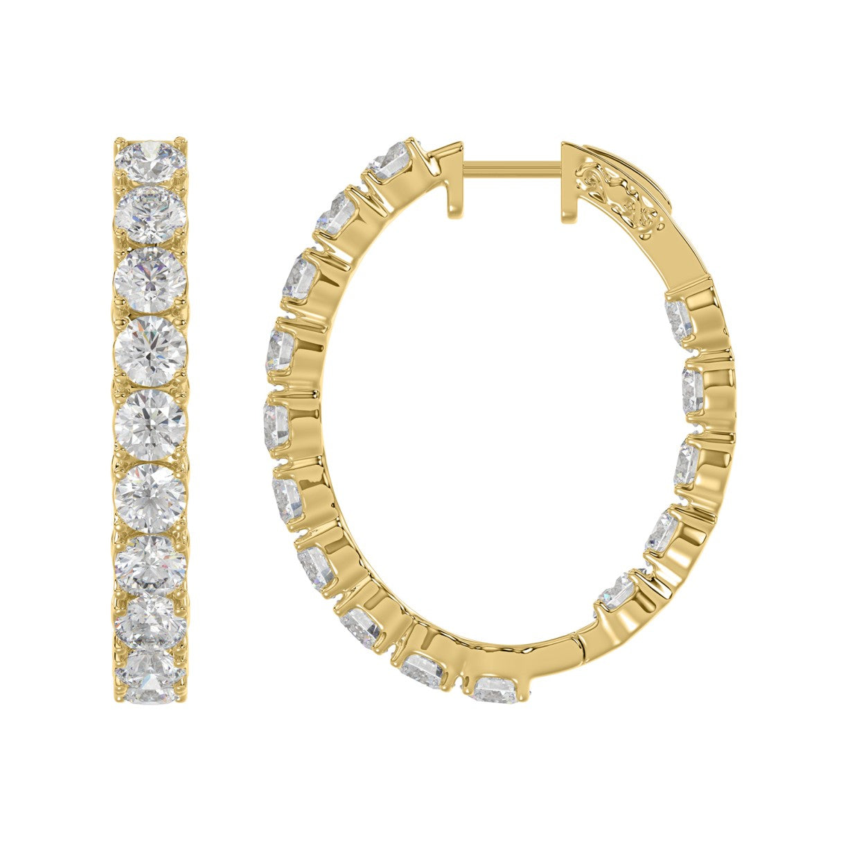 LADIES HOOP EARRINGS 7CT ROUND DIAMOND 14K YELLOW GOLD