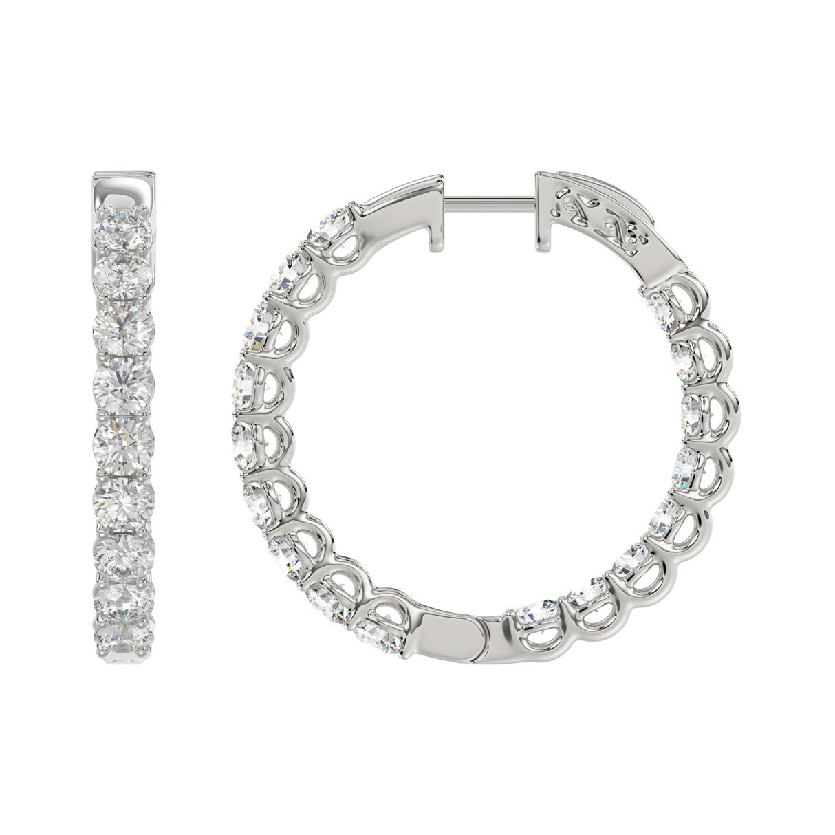 LADIES HOOP EARRINGS 3CT ROUND DIAMOND 14K WHITE GOLD