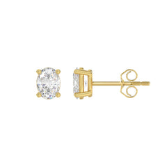 LADIES SOLITAIRE EARRINGS 1CT OVAL DIAMOND 14K YELLOW GOLD