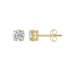 LADIES SOLITAIRE EARRINGS 1CT ROUND DIAMOND 14K YELLOW GOLD